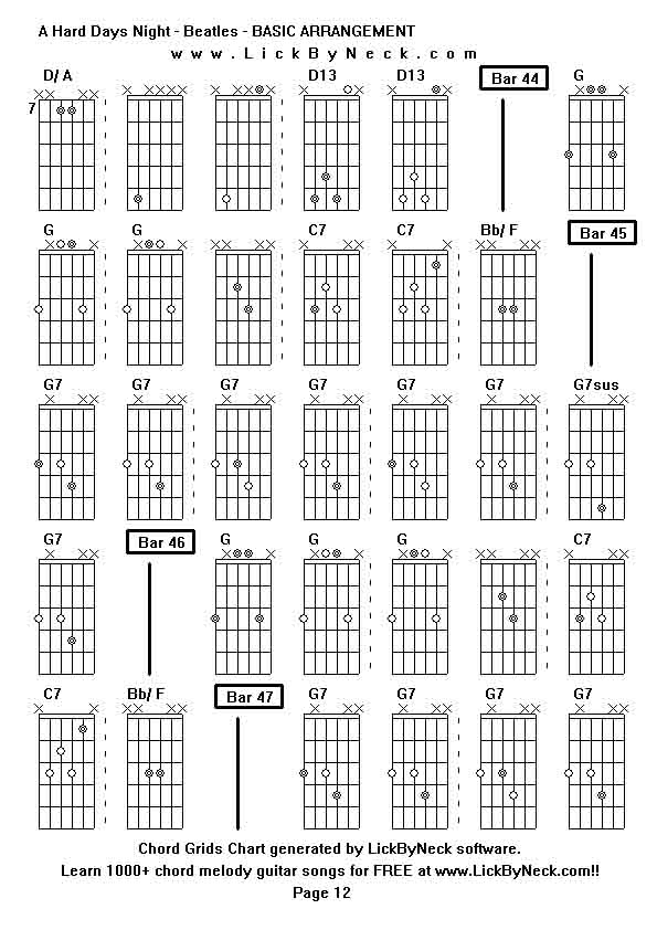 Chord Grids Chart of chord melody fingerstyle guitar song-A Hard Days Night - Beatles - BASIC ARRANGEMENT,generated by LickByNeck software.